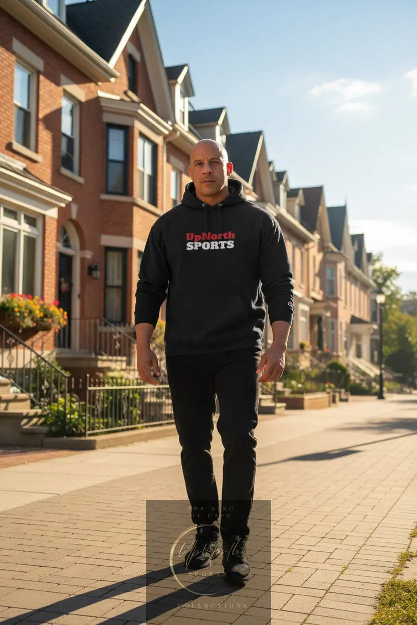 Male model wearing a Black UpNorthSPORTS Red White Champion Hoodie - UpNorth SPORTS