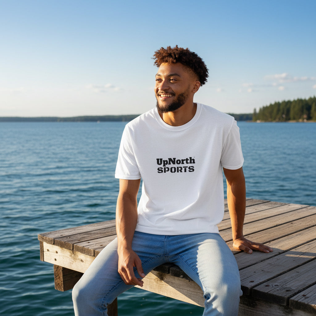 Male model wearing a White Black Unisex T-Shirt - UpNorth SPORTS