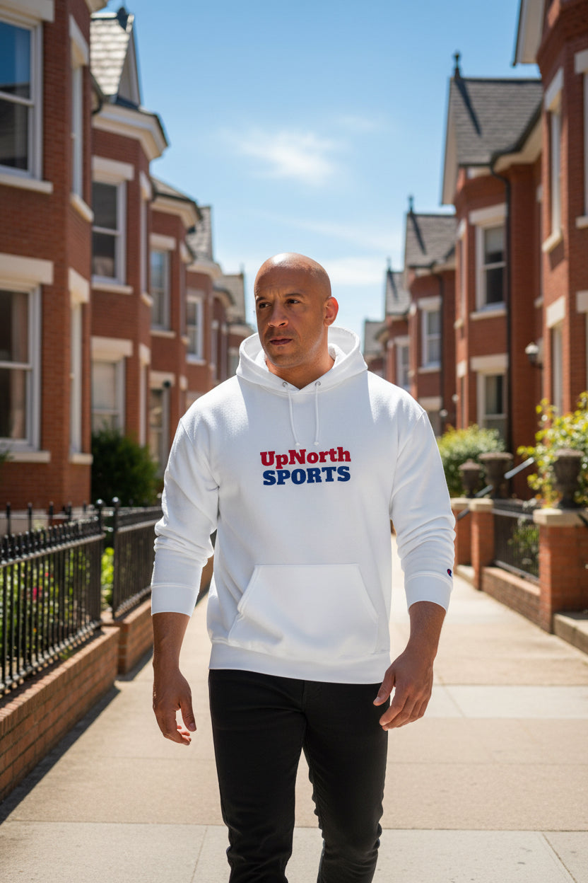 Male model wearing a White UpNorthSPORTS Navy Red Champion Hoodie - UpNorth SPORTS