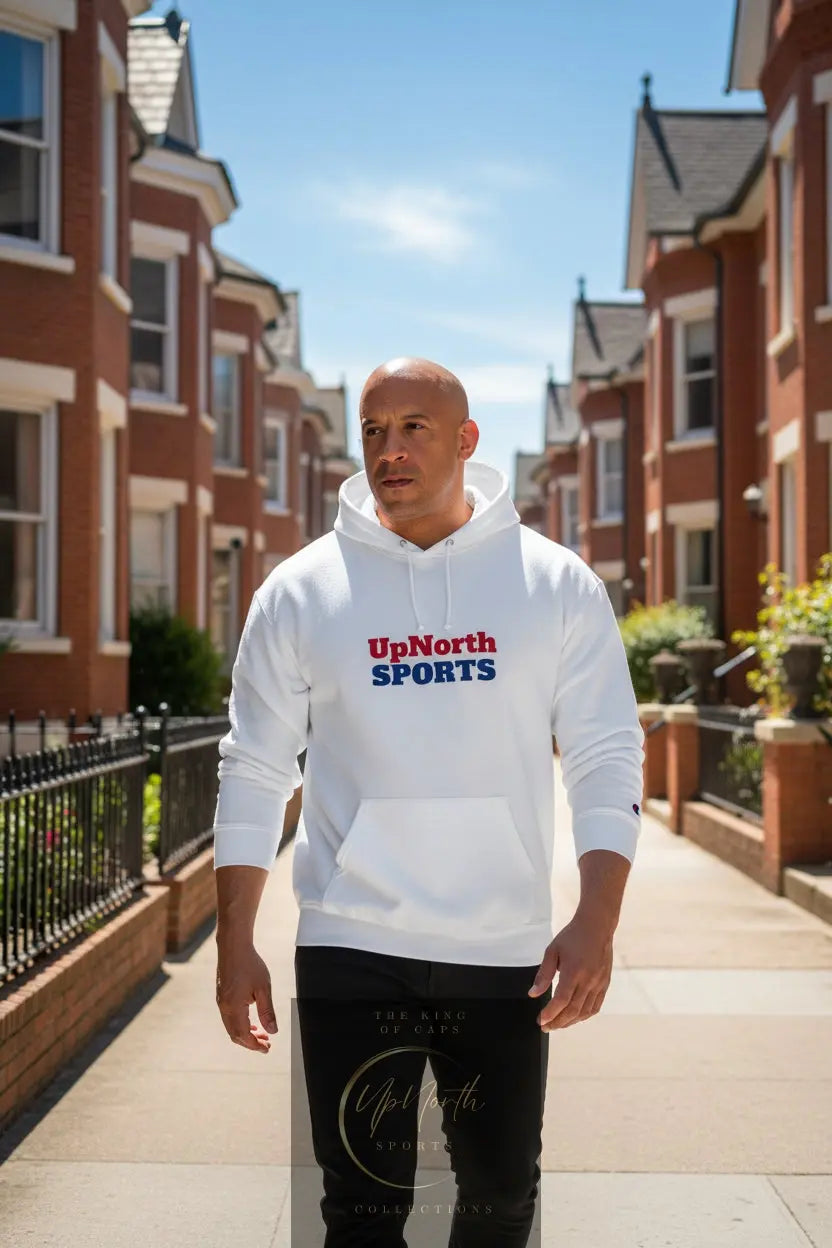 Male model wearing a White UpNorthSPORTS Navy Red Champion Hoodie - UpNorth SPORTS