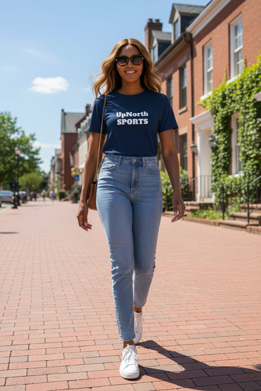 Woman model wearing a Dom Toretto MILE Navy T-shirt showing front - UpNorth SPORTS