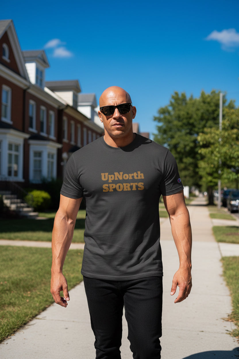 Male model wearing a UpNorthSPORTS Grey Brown Champion T-shirt - UpNorth SPORTS