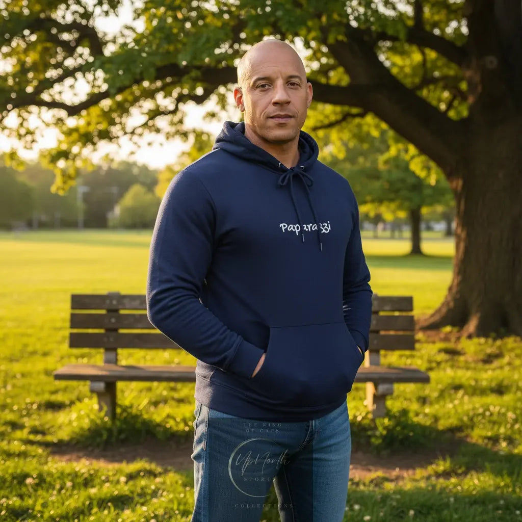 Male model wearing a Navy Premium Paparazzi Adidas Hoodie - Paparazzi Original