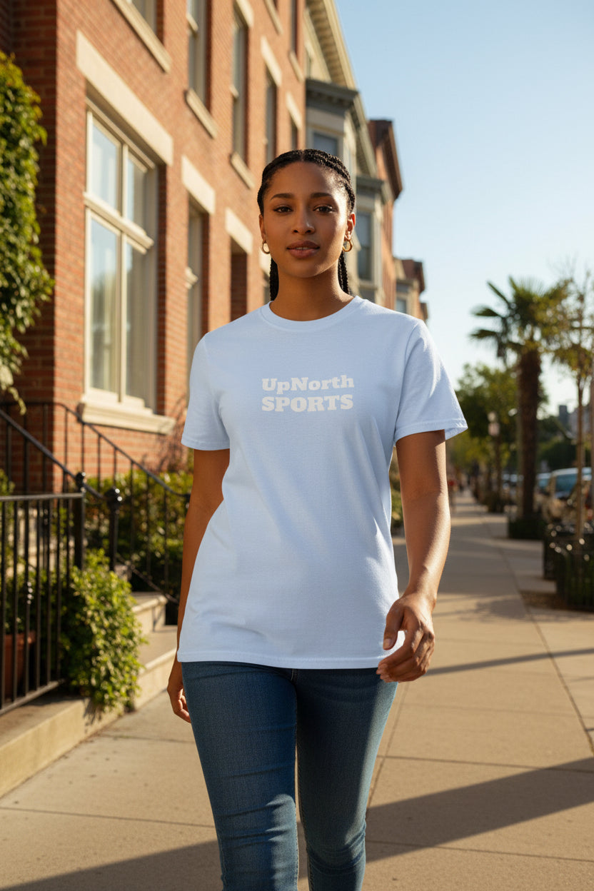 Woman model wearing a Unisex T-Shirt white on light blue - UpNorth SPORTS