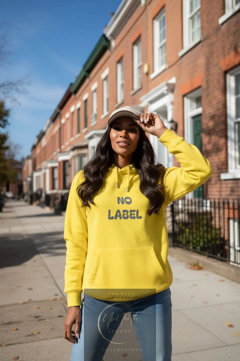 Woman model wearing a No Label Darkgrey logo on Yellow Hoodie - UpNorth SPORTS