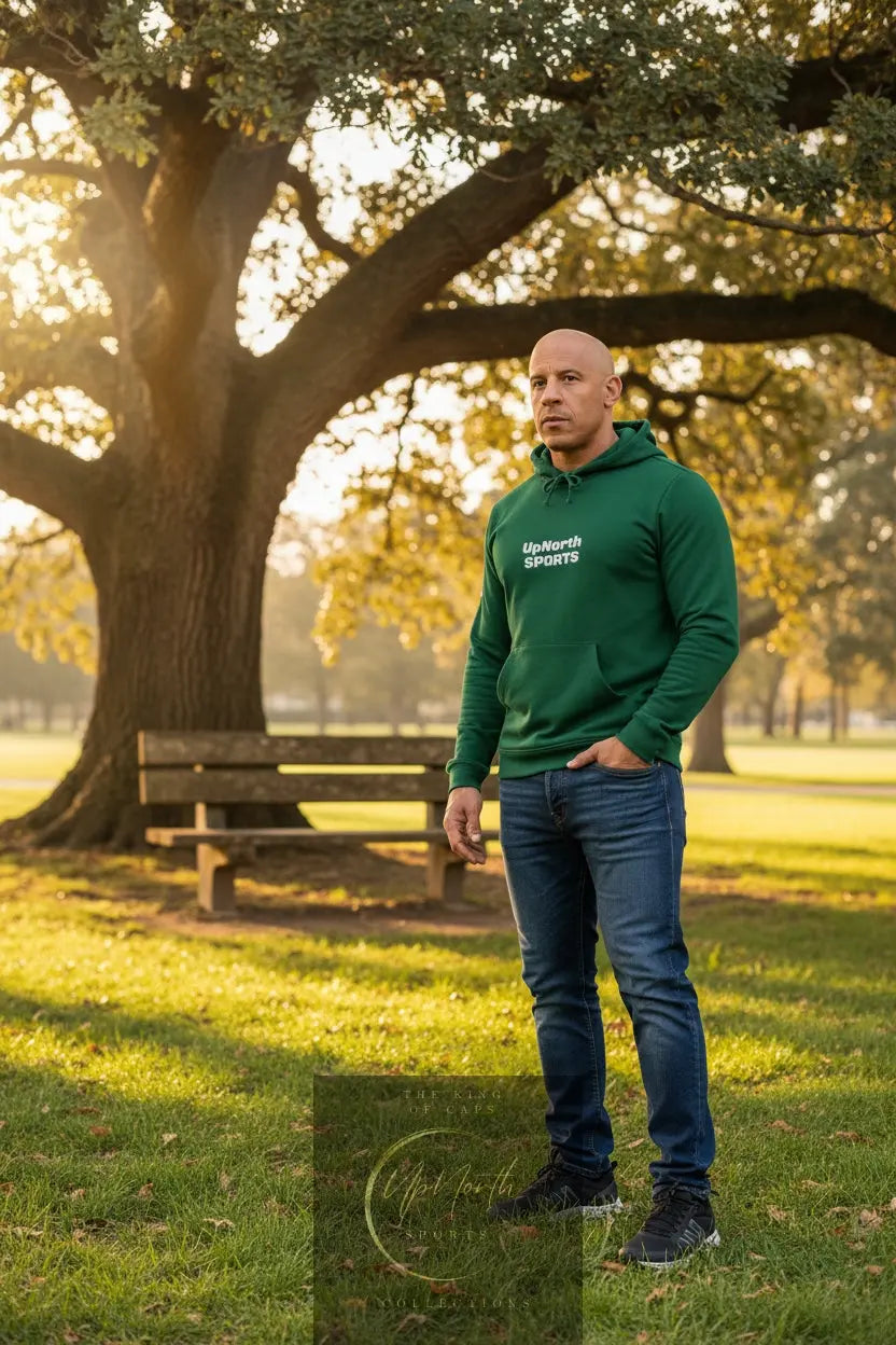 Male model wearing a Collegiate Green Premium UpNorthSPORTS Adidas Hoodie - UpNorth SPORTS