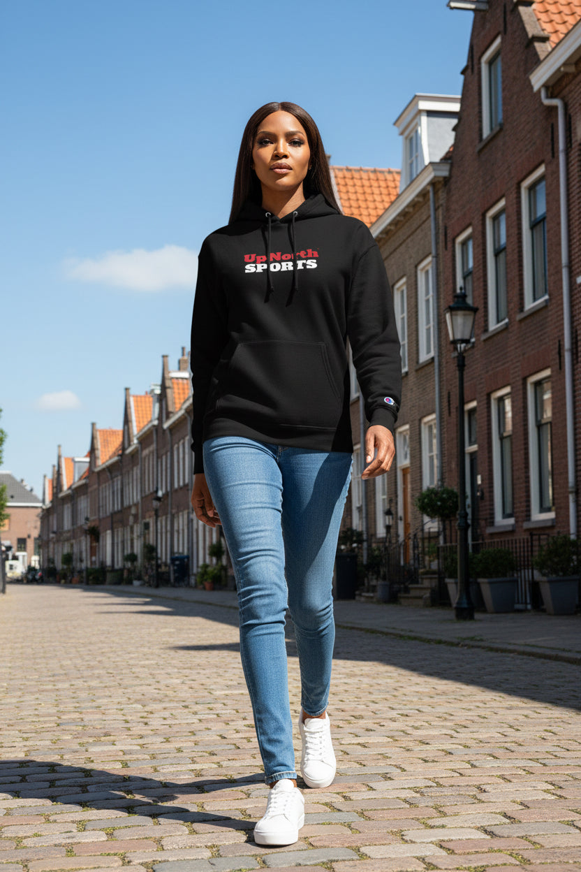 Woman model wearing a Black Champion Hoodie Denmark Special Edition - UpNorth SPORTS