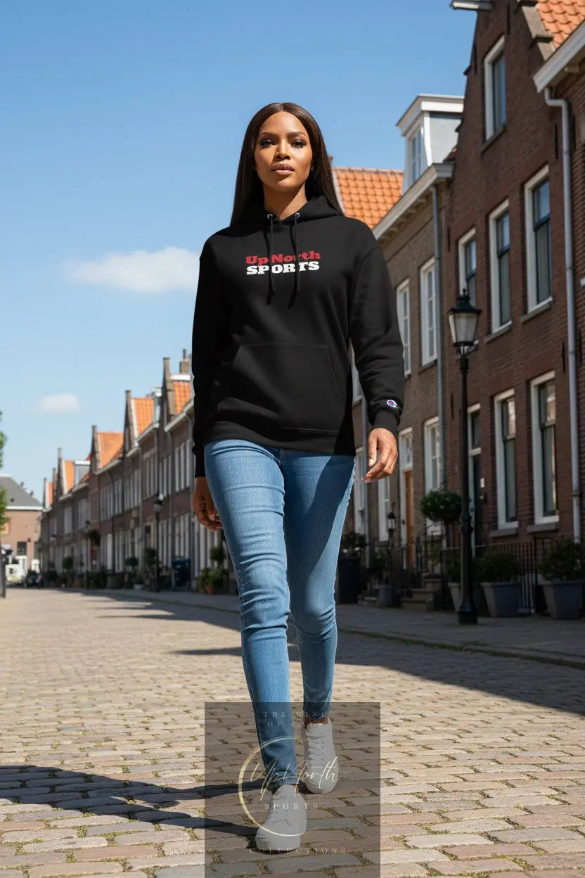 Woman model wearing a Black Champion Hoodie Denmark Special Edition - UpNorth SPORTS