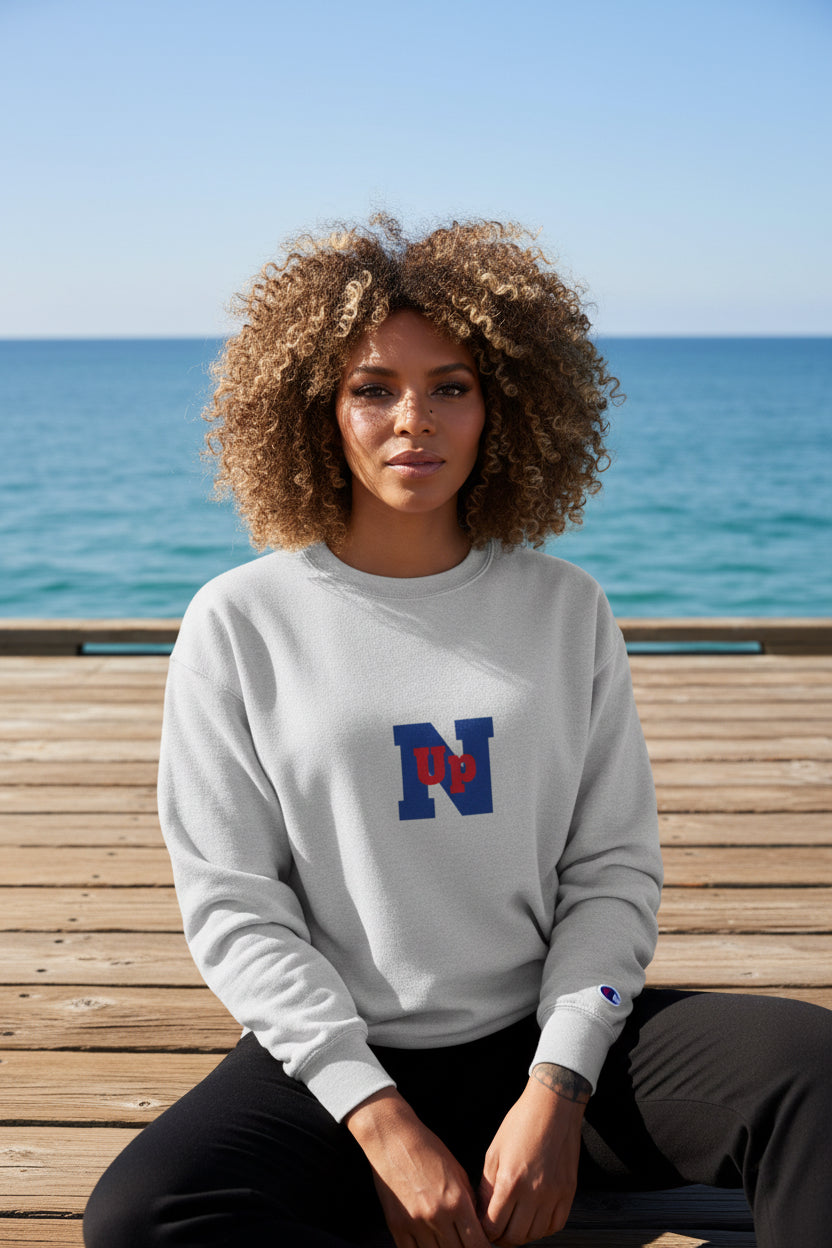 Woman model wearing a Grey UpN Red Navy Champion Sweatshirt - UpNorth SPORTS