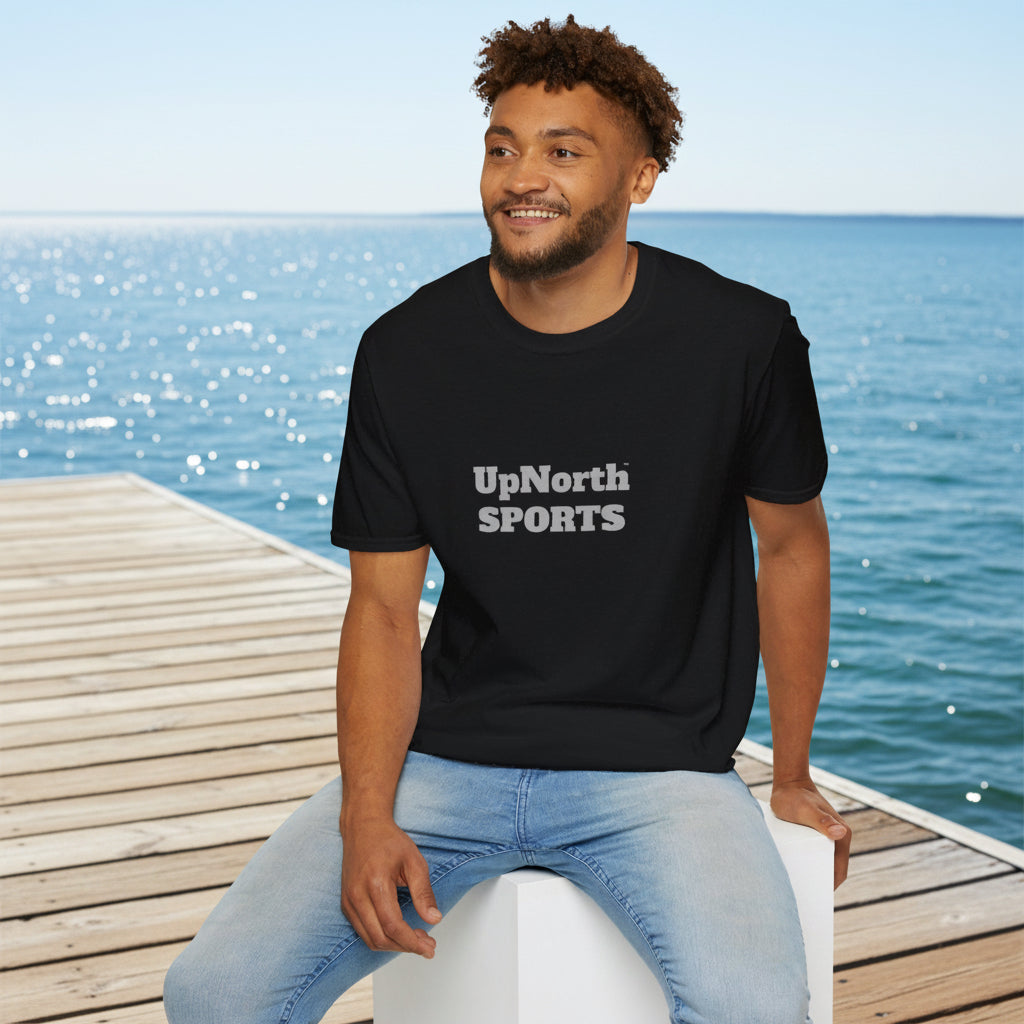 Male model wearing a Black Light Grey Unisex T-Shirt -UpNorth SPORTS