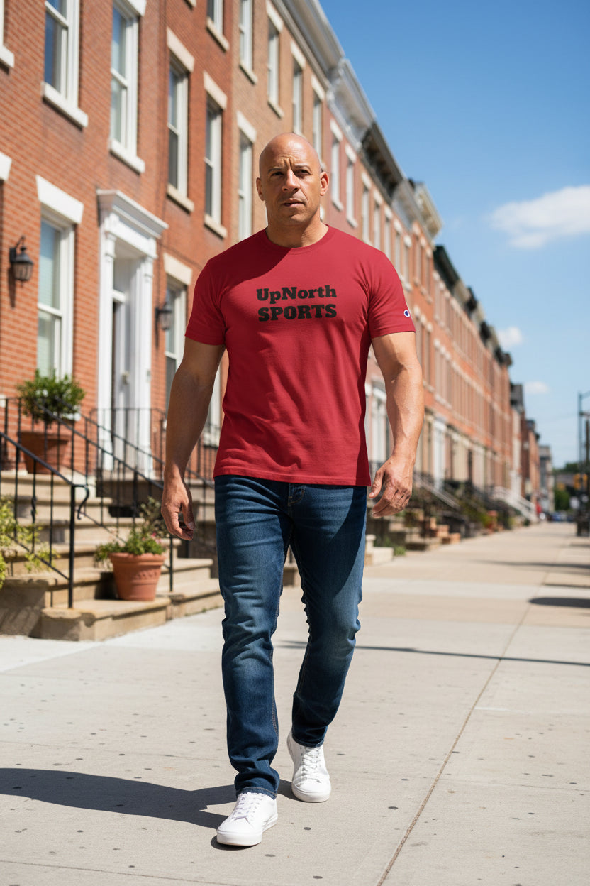 Male model wearing an UpNorthSPORTS Red Black Champion T-shirt - UpNorth SPORTS