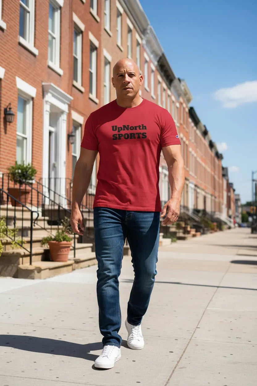 Male model wearing an UpNorthSPORTS Red Black Champion T-shirt - UpNorth SPORTS