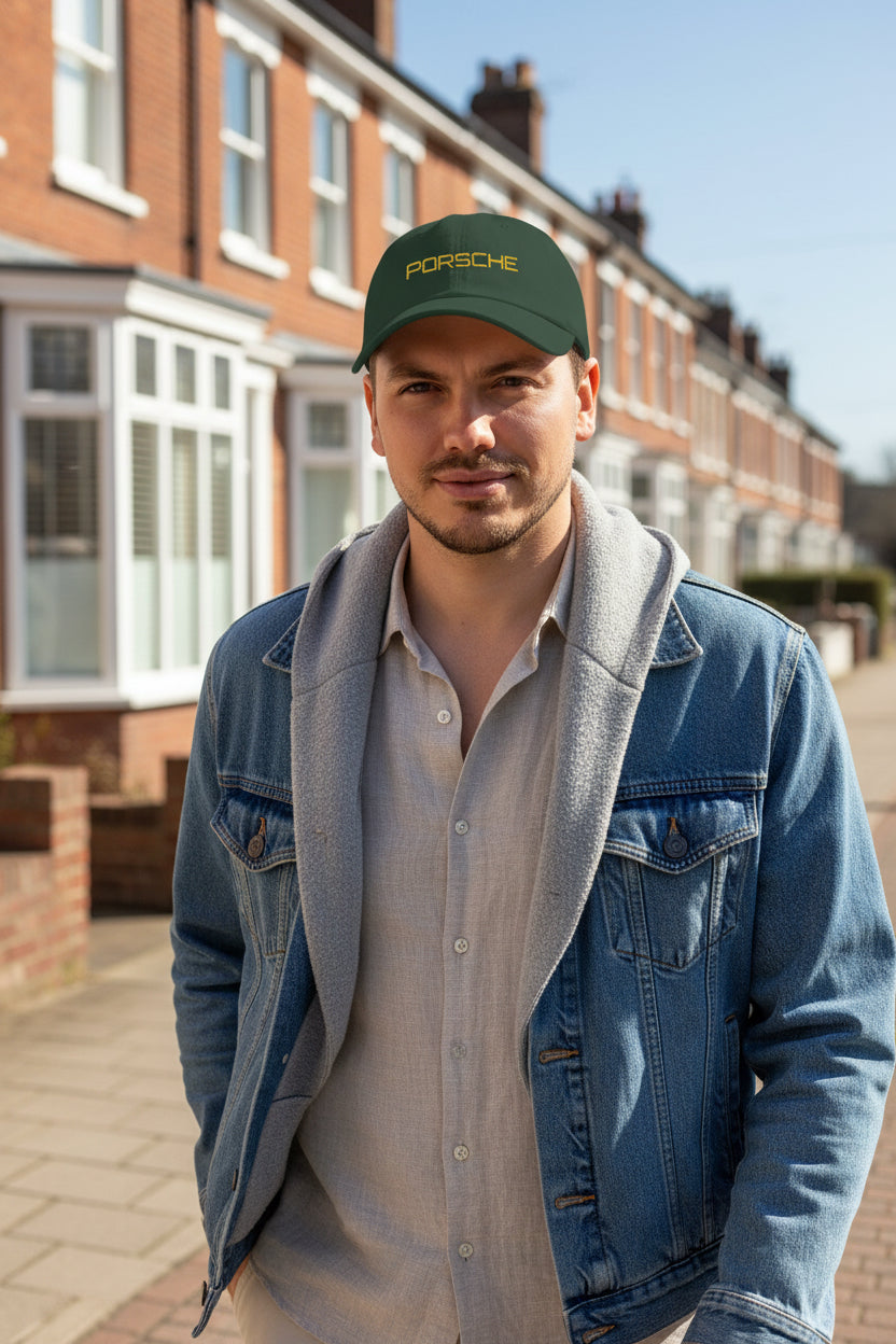 Male model wearing a Dark Green Porsche Gold Baseball Cap front - UpNorth SPORTS