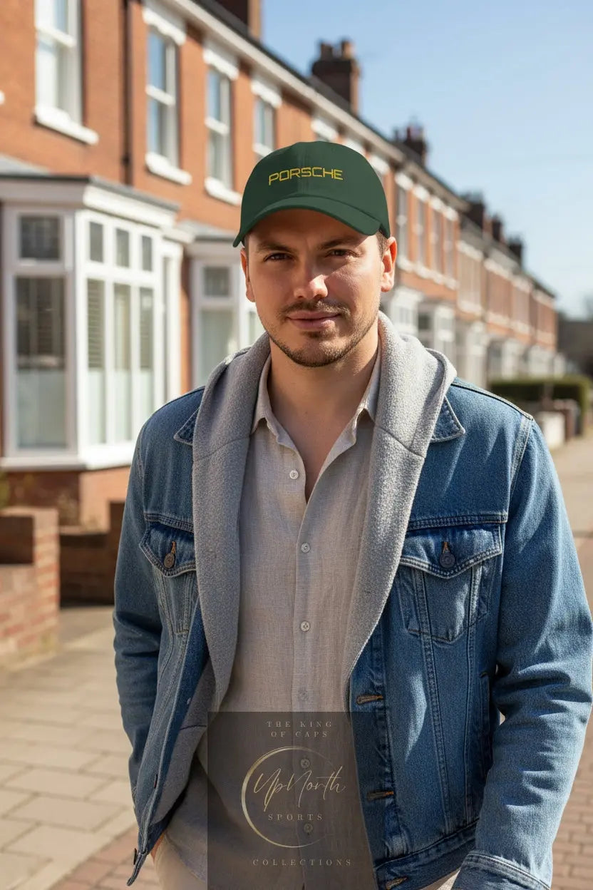 Male model wearing a Dark Green Porsche Gold Baseball Cap front - UpNorth SPORTS