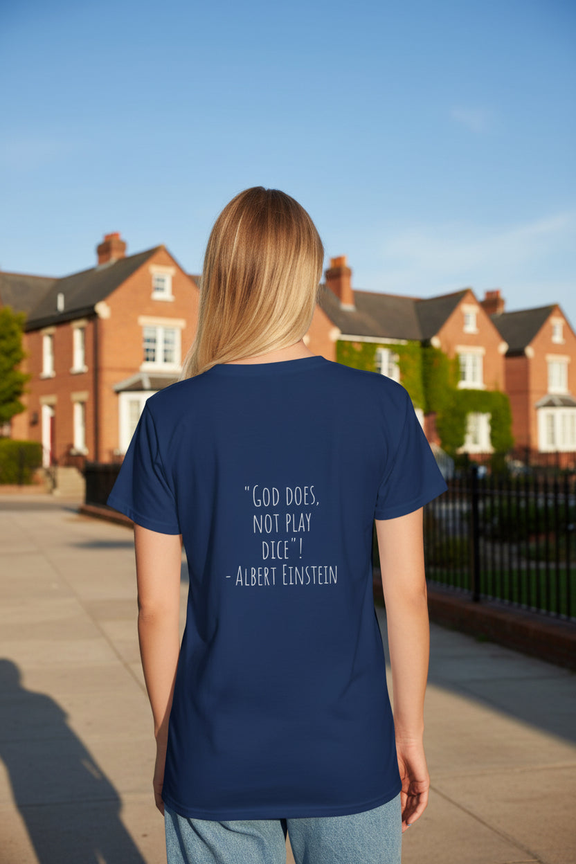 Woman model wearing an Albert Einstein Quote Navy T-shirt showing backside - UpNorth SPORTS