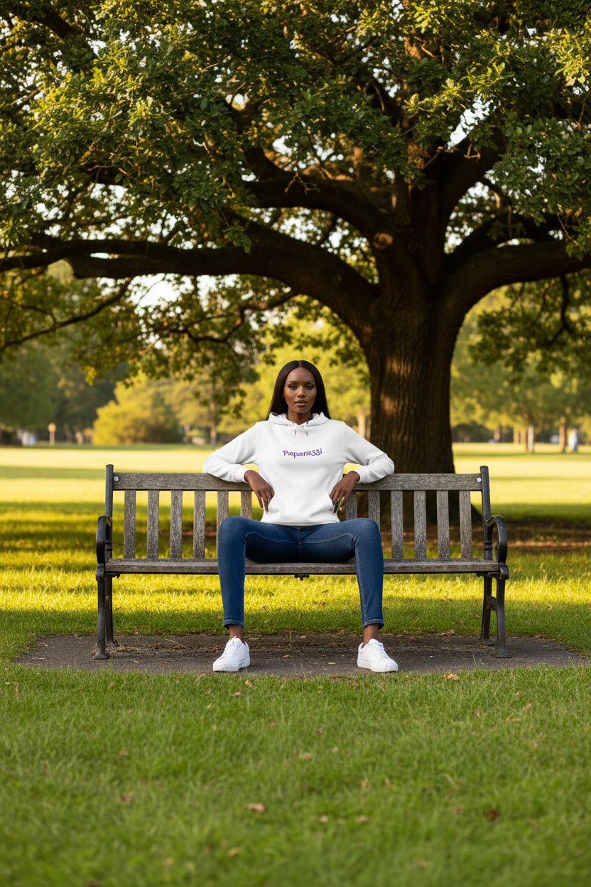 Woman wearing a White Paparazzi Purple Hoodie - Paparazzi Original