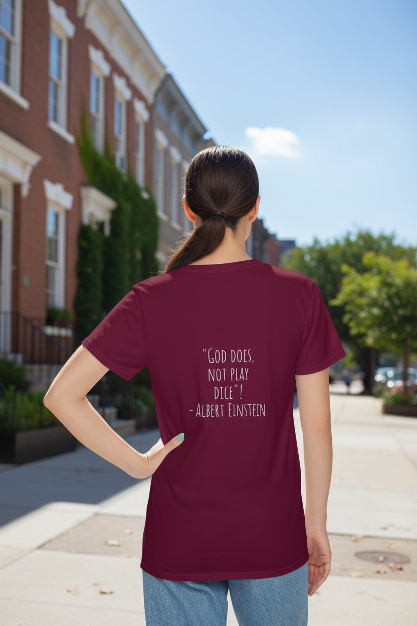 Woman model wearing an Albert Einstein Quote Burgundy T-Shirt showing backside - UpNorth SPORTS