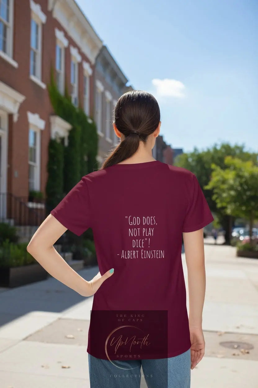 Woman model wearing an Albert Einstein Quote Burgundy T-Shirt showing backside - UpNorth SPORTS
