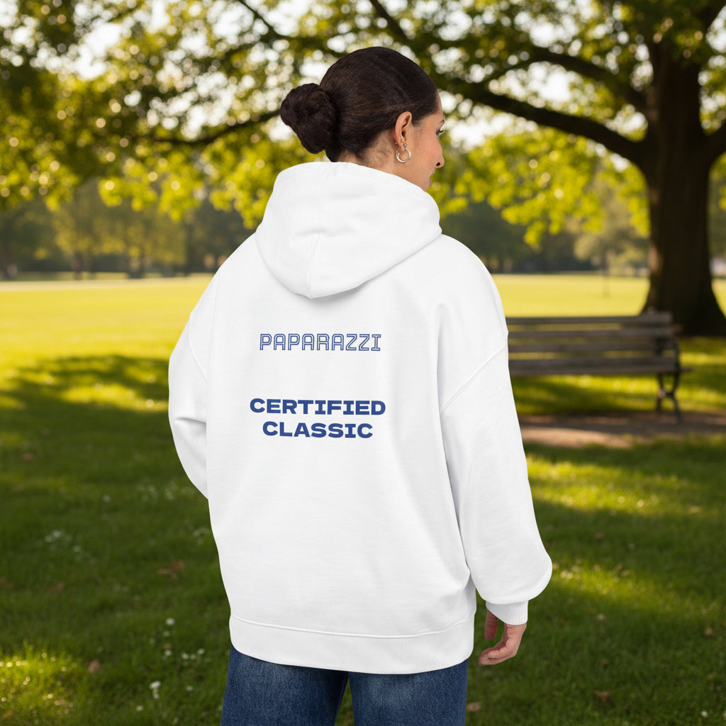 Organic Hoodie by Paparazzi in white with navy blue back