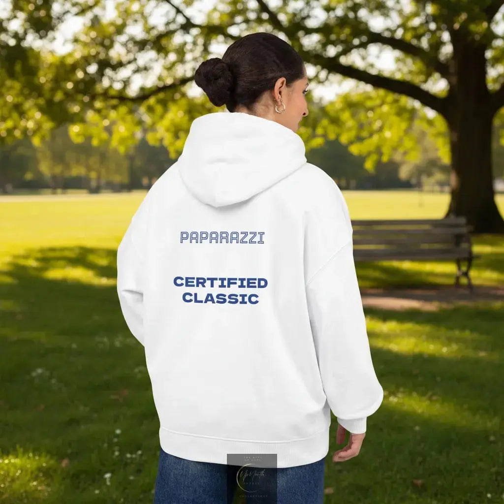 Woman model song backside of an Organic Hoodie by Paparazzi in white with navy blue - Paparazzi Original