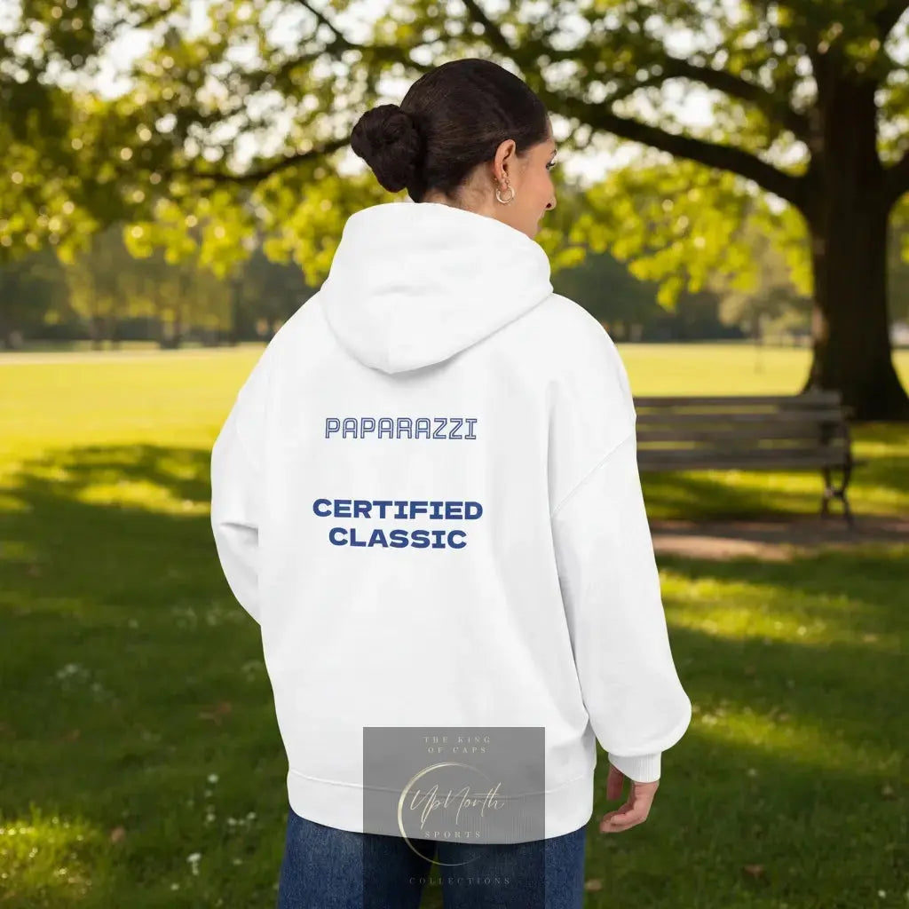 Woman model song backside of an Organic Hoodie by Paparazzi in white with navy blue - Paparazzi Original