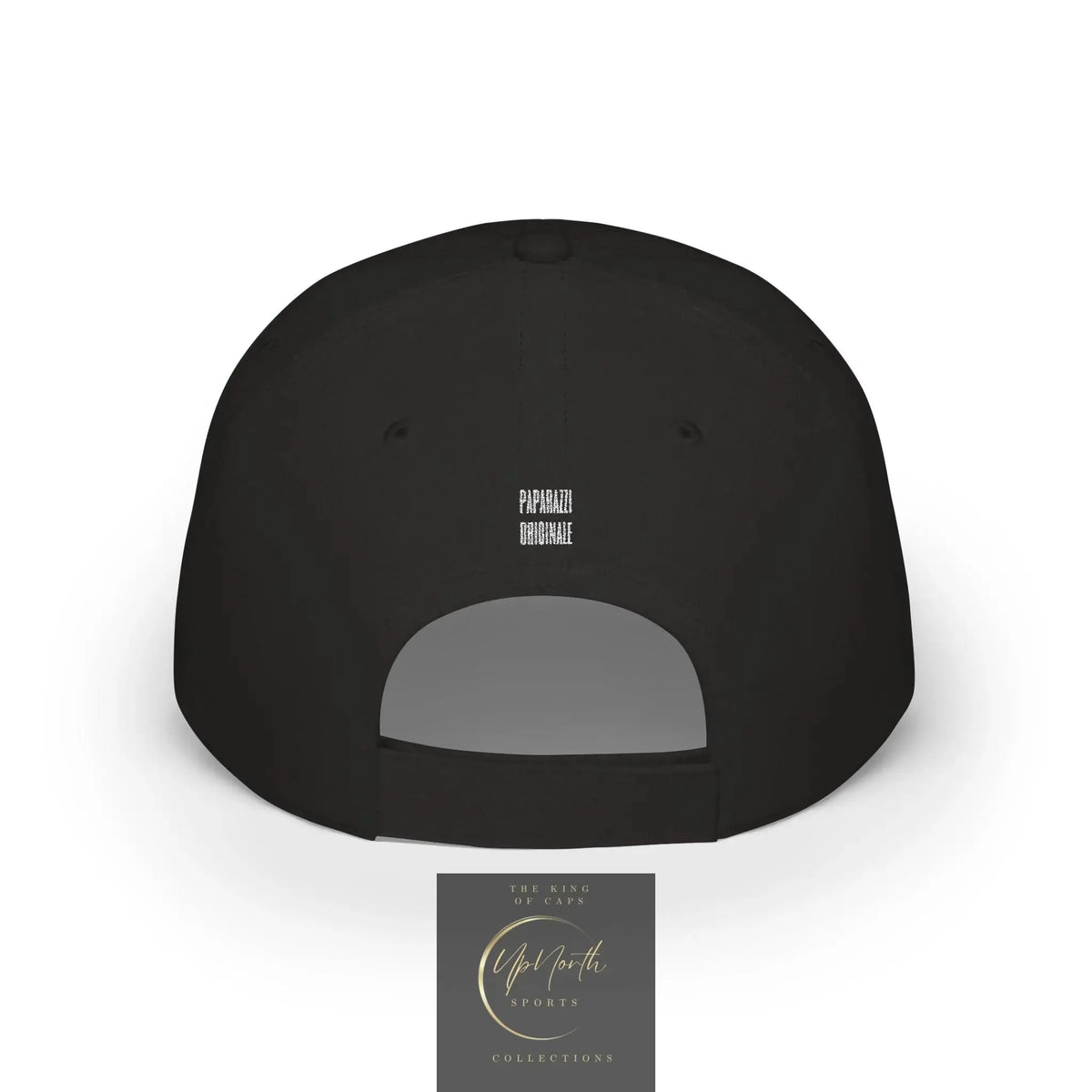 Black baseball cap shown from the back featuring a small white embroidered logo 'PAPARAZZI ORIGINALE' on the center back panel - Paparazzi Original