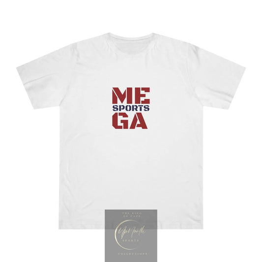 A Deluxe White Red MEGASports T-shirt front - UpNorth SPORTS