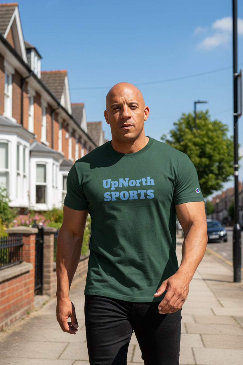 Male model wearing a UpNorthSPORTS Darkgreen Skyblue Champion T-shirt - UpNorth SPORTS