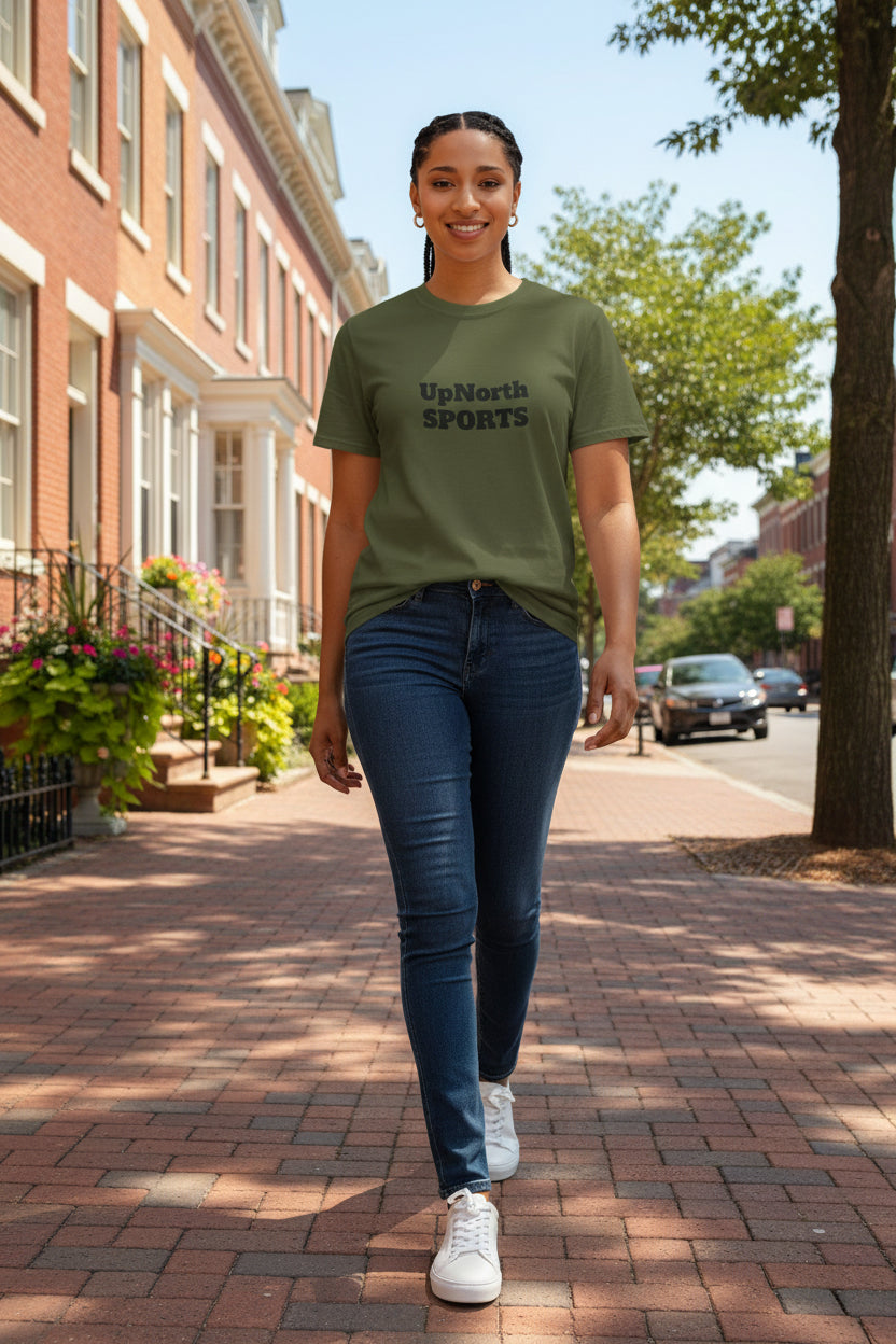 Woman model wearing a Military Green Black Unisex T-Shirt - UpNorth SPORTS