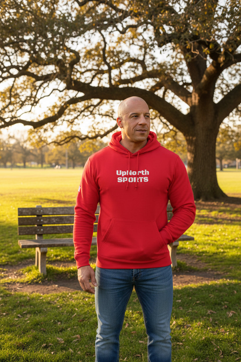 Male model wearing a Red Premium UpNorthSPORTS Adidas Hoodie - UpNorth SPORTS