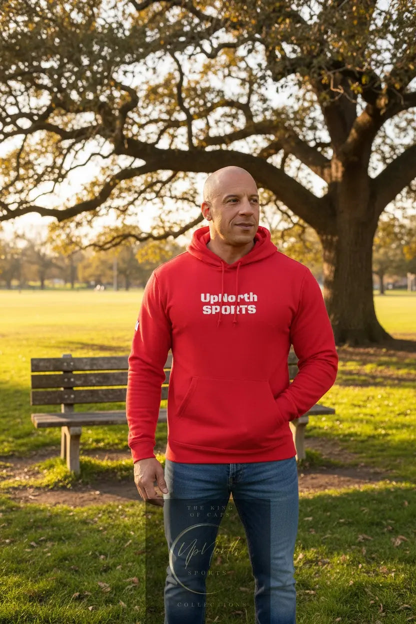 Male model wearing a Red Premium UpNorthSPORTS Adidas Hoodie - UpNorth SPORTS