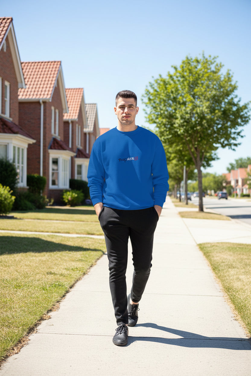 Male model wearing a Royal Blue Paparazzi Champion Sweatshirt backside - Paparazzi Original