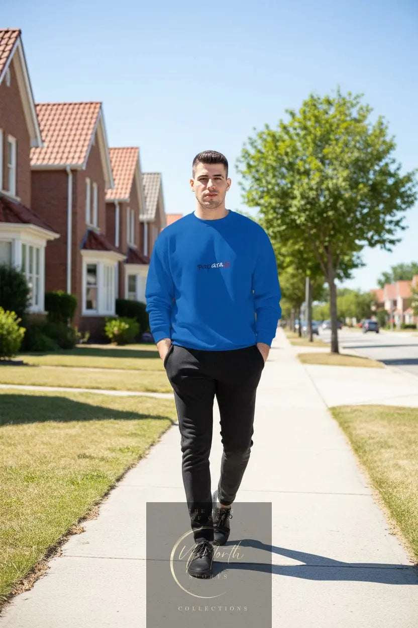 Male model wearing a Royal Blue Paparazzi Champion Sweatshirt backside - Paparazzi Original