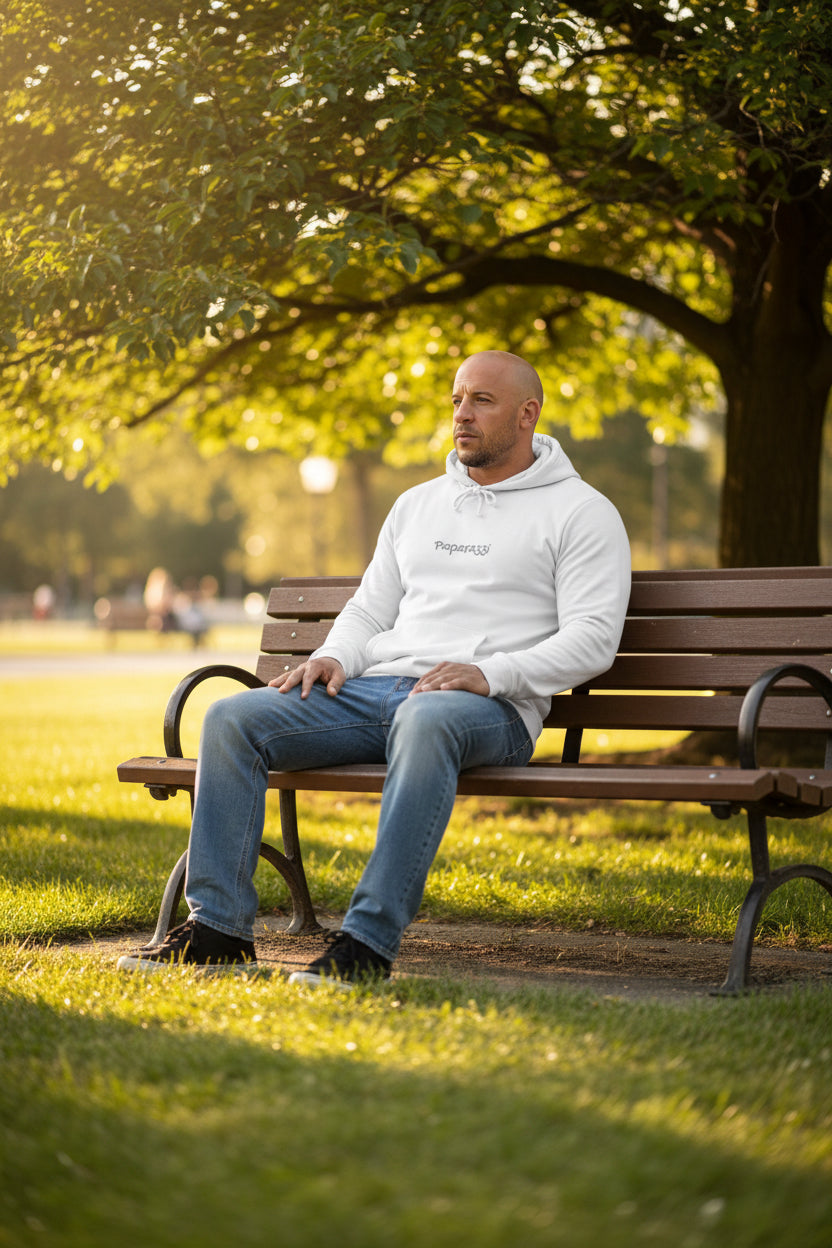 Male model wearing a White Premium Paparazzi Adidas Hoodie - Paparazzi Original