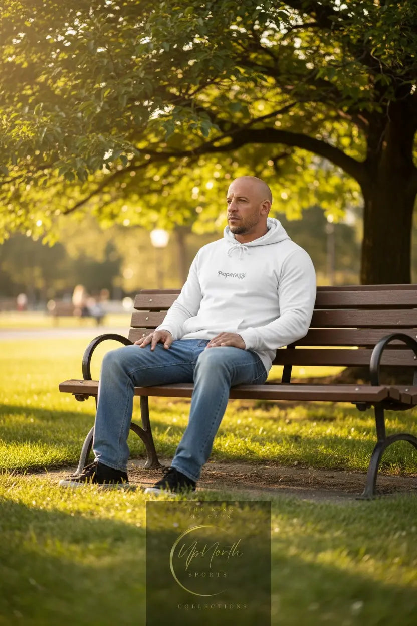 Male model wearing a White Premium Paparazzi Adidas Hoodie - Paparazzi Original