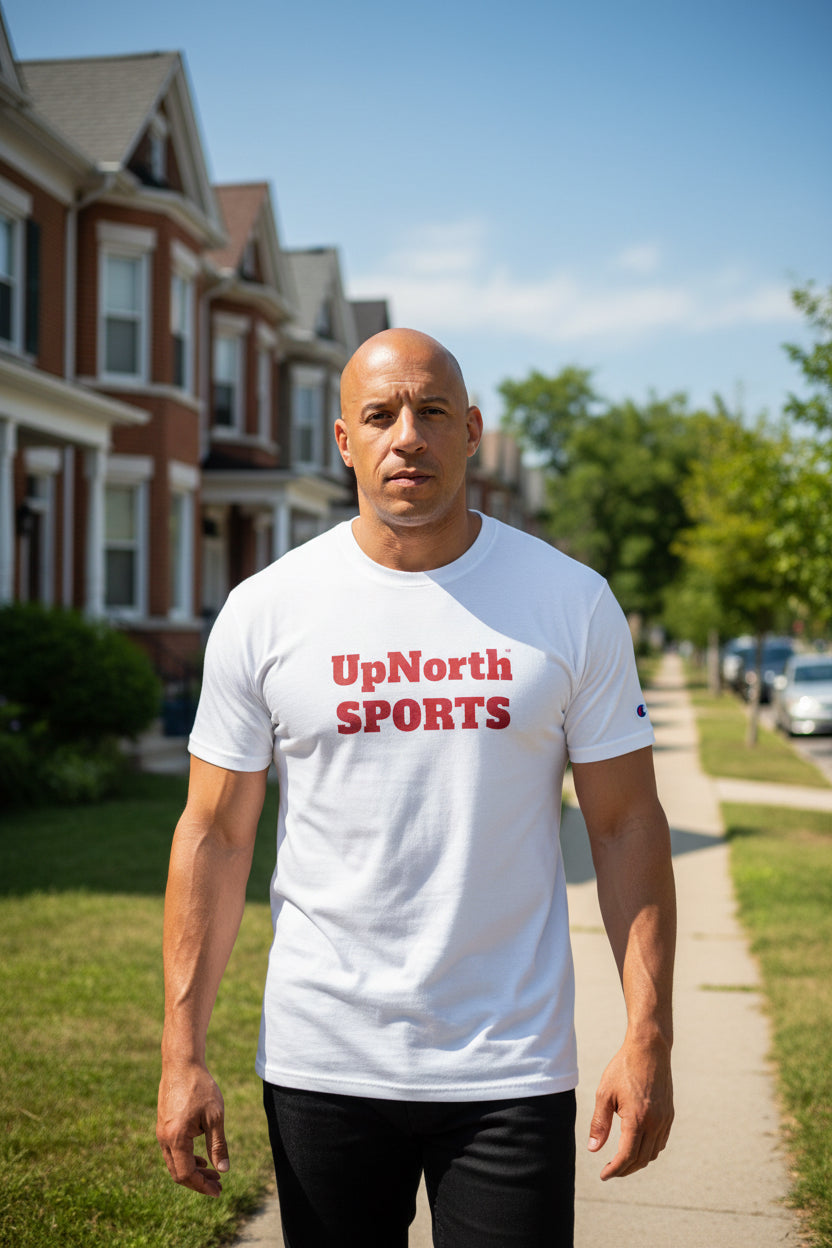 Male model wearing an UpNorthSPORTS White Red Champion T-shirt - UpNorth SPORTS