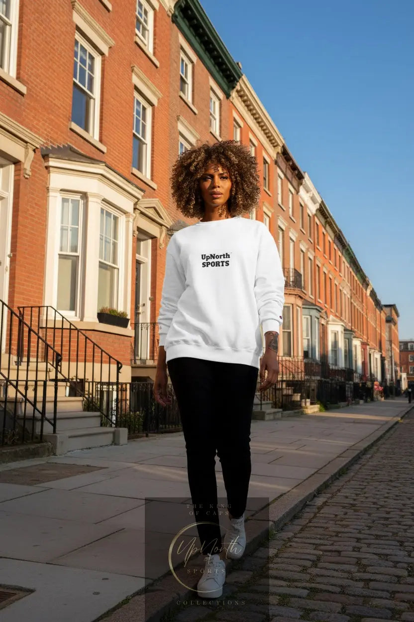 Woman model wearing a White UpNorth SPORTS Champion Sweatshirt - UpNorth SPORTS