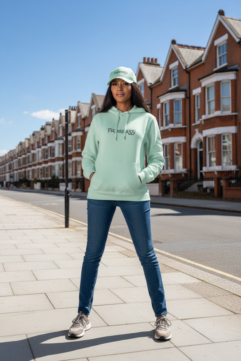 Woman model wearing a Aqua Green Paparazzi Dark Grey Hoodie - Paparazzi Original