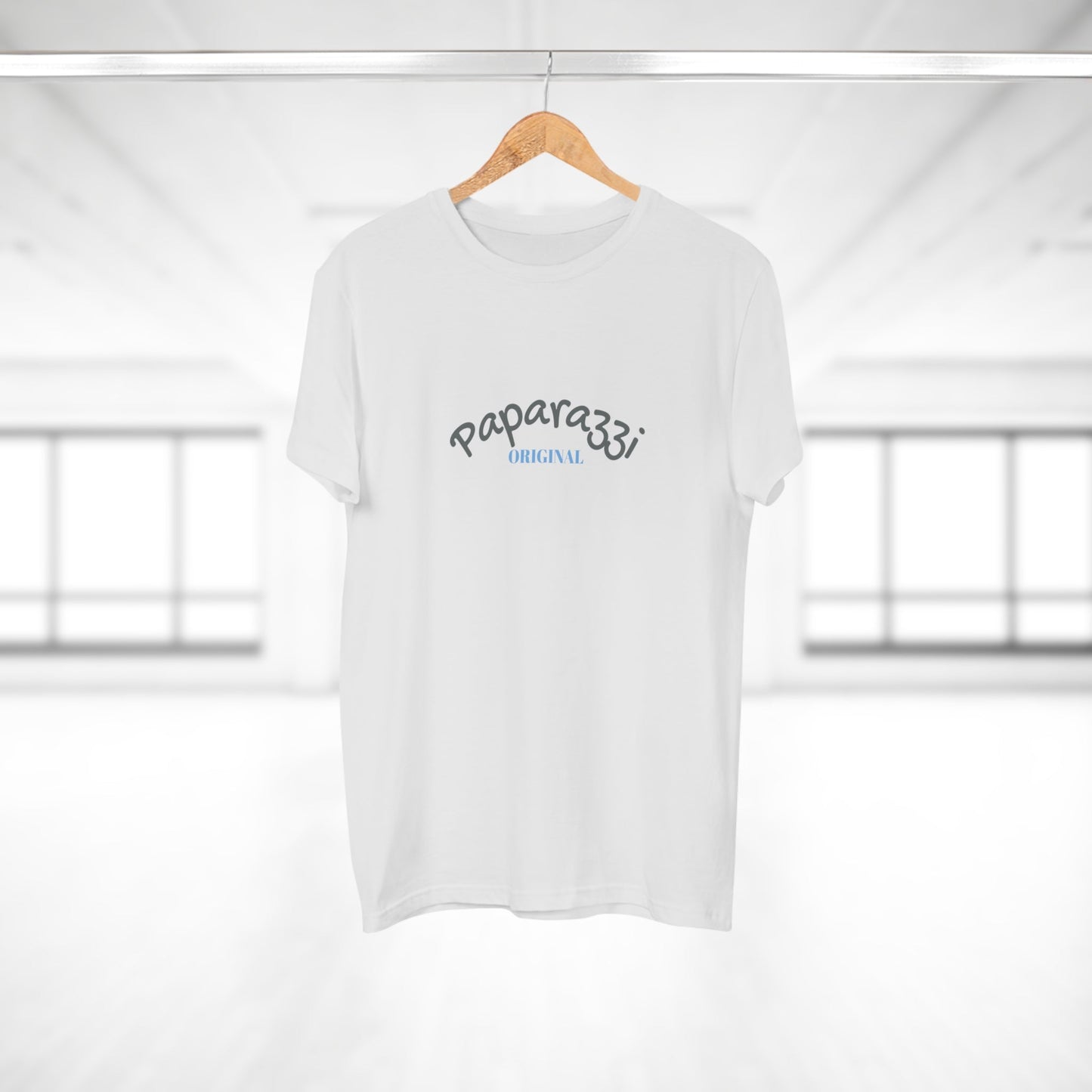 Paparazzi Men T-shirt white with dark grey and light blue Printify