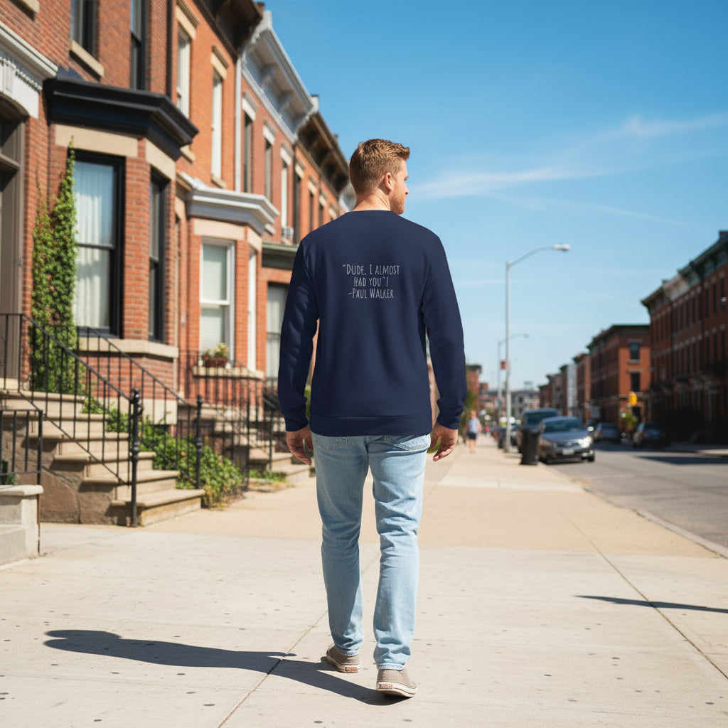 Male model showing backside of a Navy Premium Paparazzi Adidas Sweatshirt - Paparazzi Original