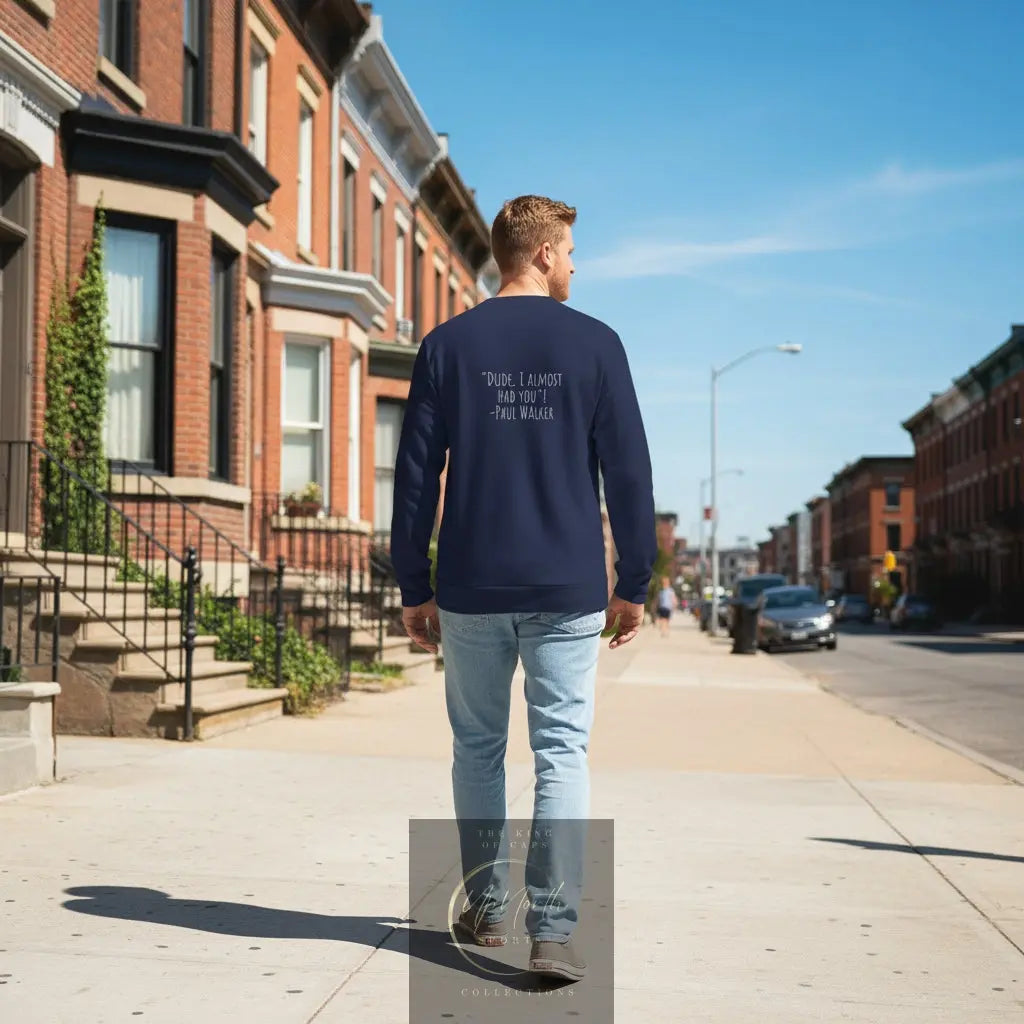 Male model showing backside of a Navy Premium Paparazzi Adidas Sweatshirt - Paparazzi Original
