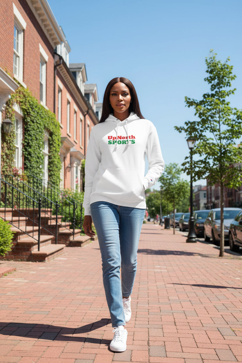Woman model wearing a White Champion Hoodie Italy Special Edition - UpNorth SPORTS