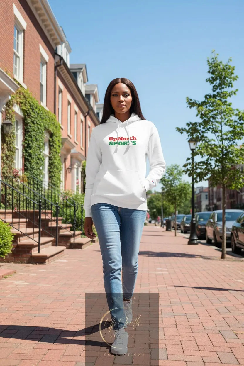 Woman model wearing a White Champion Hoodie Italy Special Edition - UpNorth SPORTS