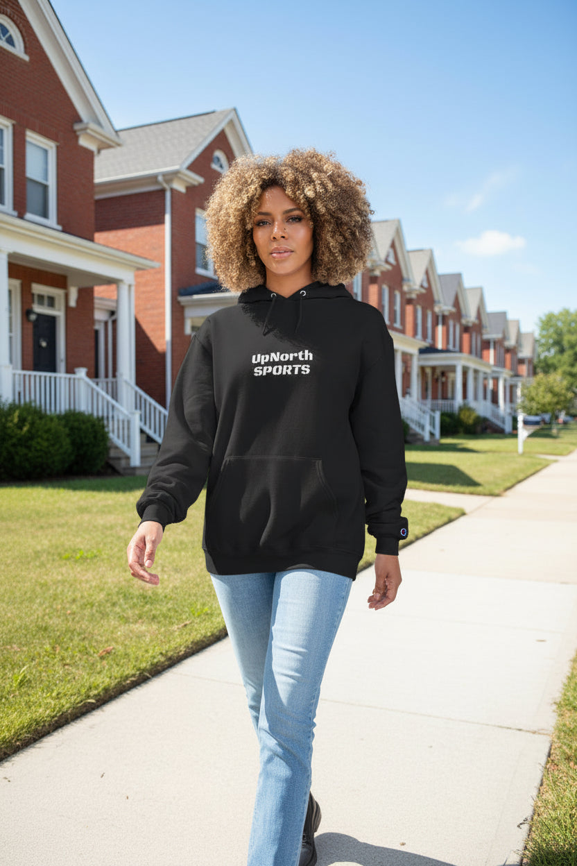 Woman model wearing a Black UpNorth Sports White Champion Hoodie - UpNorth SPORTS