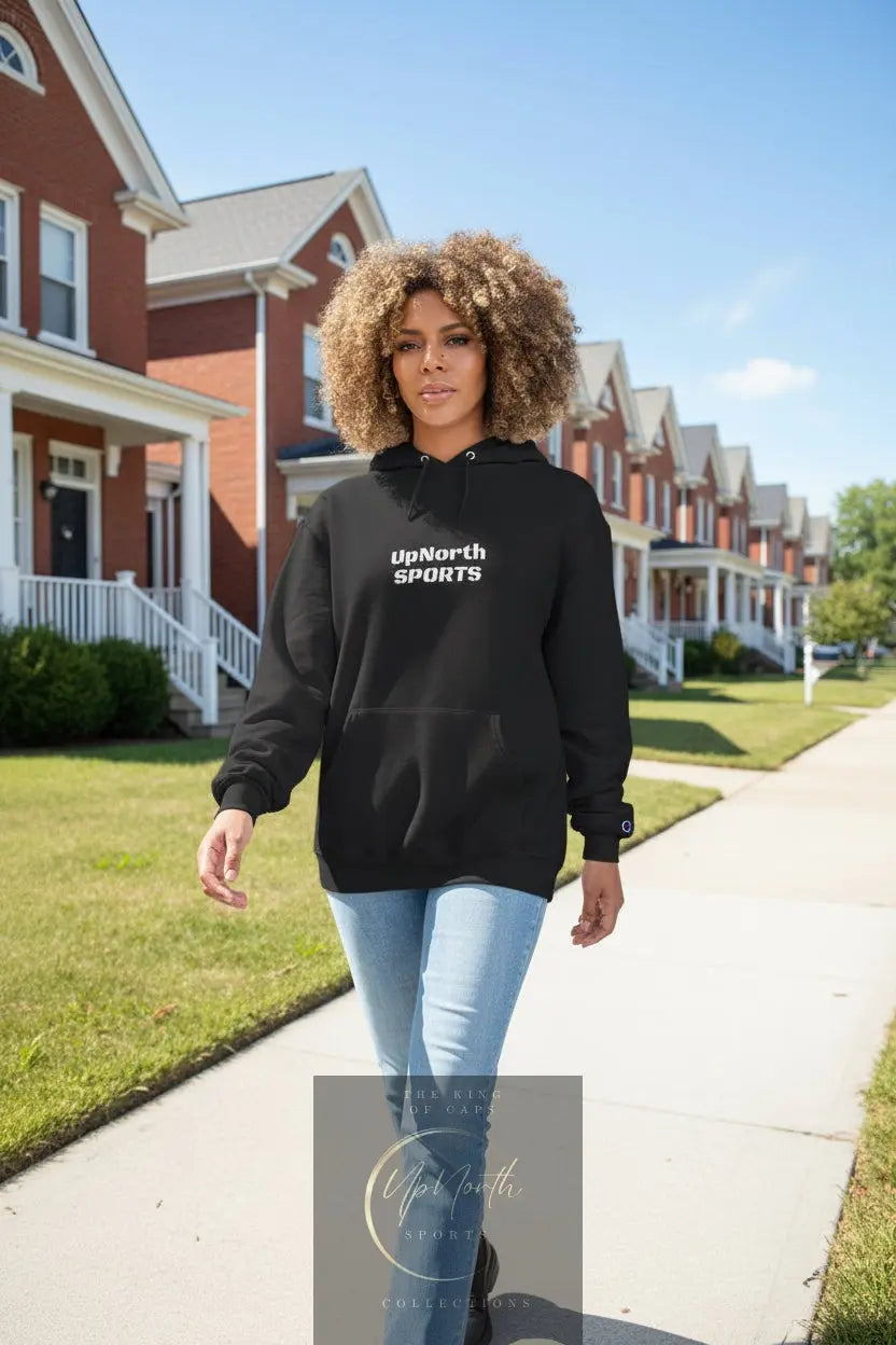 Woman model wearing a Black UpNorth Sports White Champion Hoodie - UpNorth SPORTS