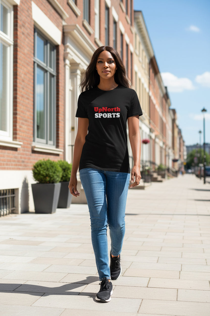 Woman model wearing an UpNorth SPORTS Black T-Shirt - UpNorth SPORTS