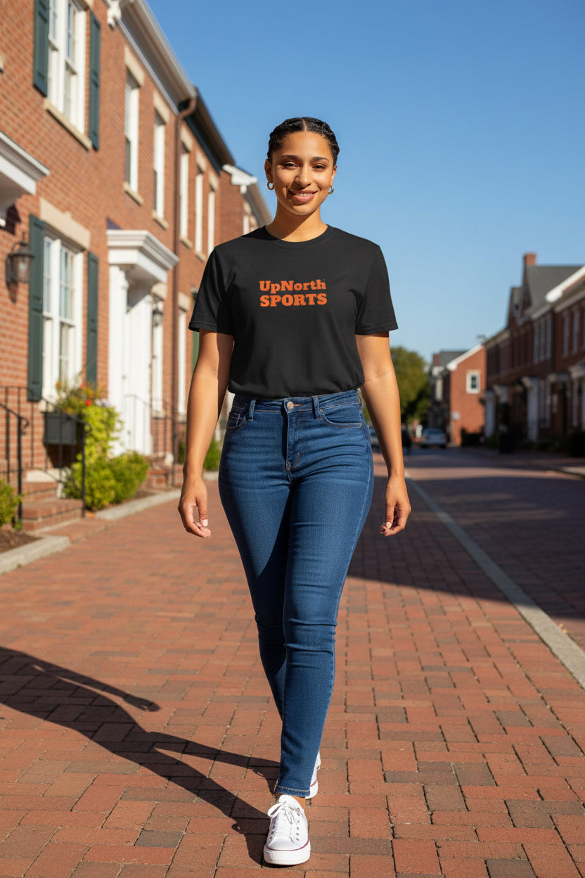 Woman model wearing a Black Orange Flame Unisex T-Shirt - UpNorth SPORTS