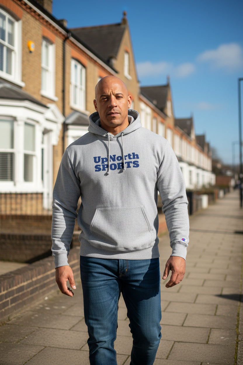 Male model wearing a Navy UpNorth Sports Champion Grey Hoodie - UpNorth SPORTS