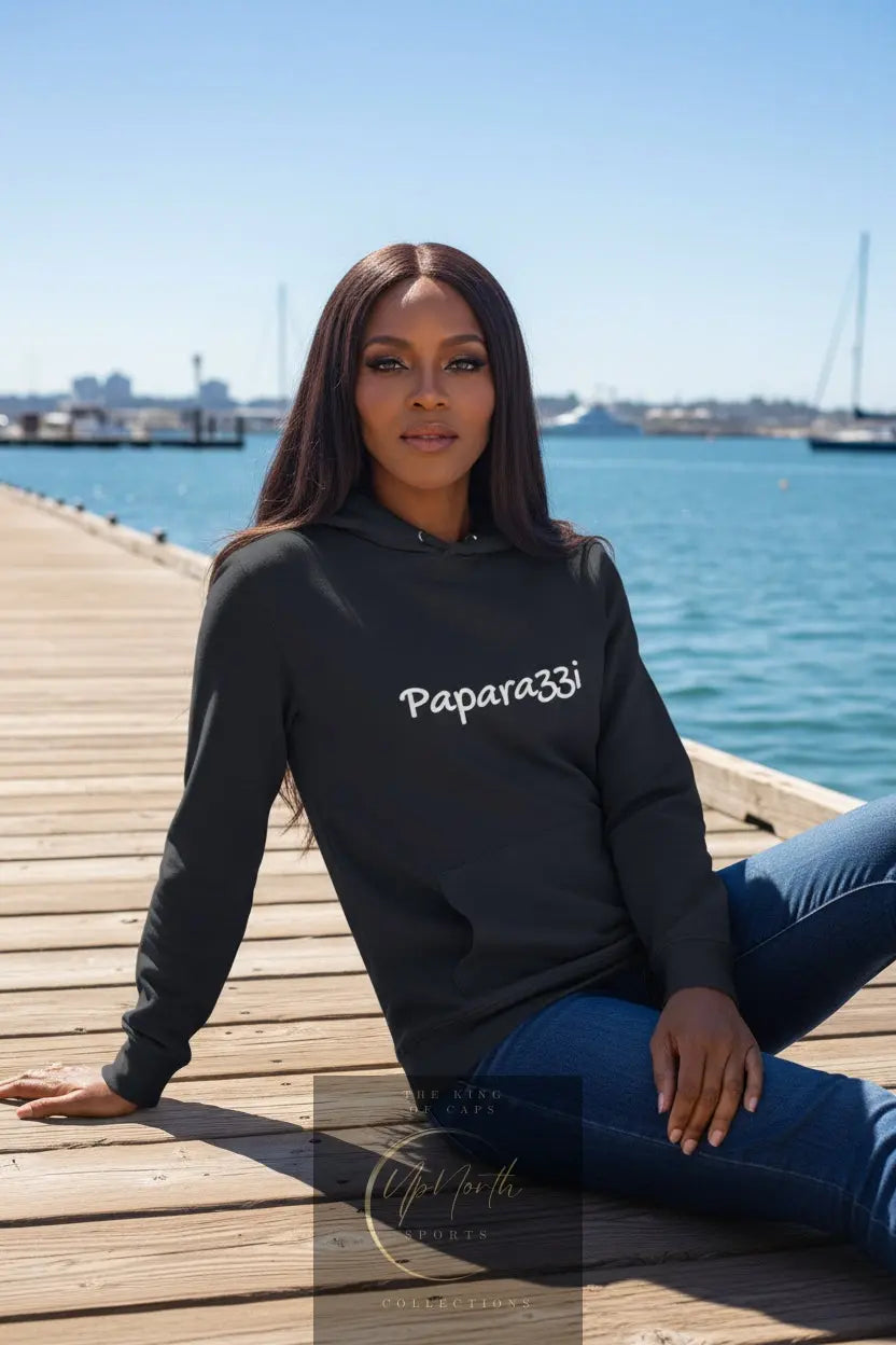 Woman model sitting wearing a Navy Paparazzi White Hoodie - Paparazzi Original