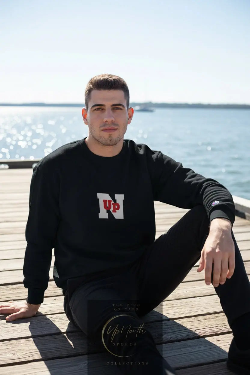 Male model wearing a Black UpN Red Champion Sweatshirt - UpNorth SPORTS